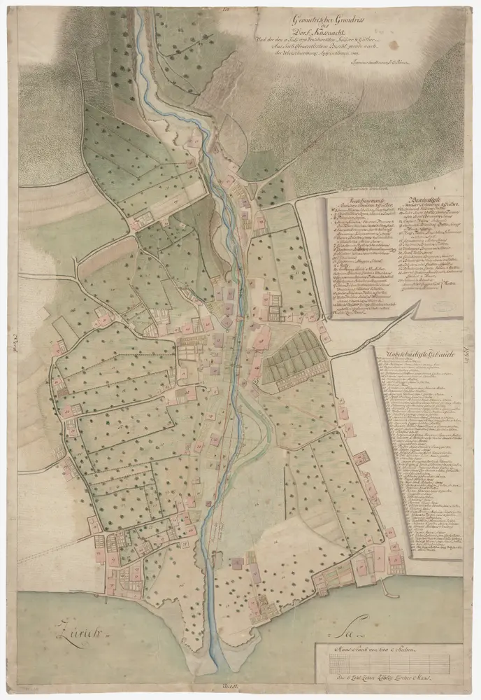 Küsnacht: Dorfbach, Verwüstungen vom 08.07.1778, projektierte Dorfbachkorrektion; Situationsplan