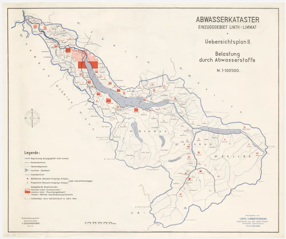 Kantone Zürich, Schwyz, Glarus und St. Gallen: Einzugsgebiet Linth-Limmat, Abwasserkataster: Belastung durch Abwasserstoffe; Übersichtsplan (Nr. II)