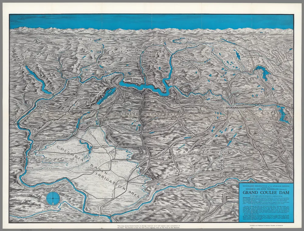 Panoramic perspective of the Spokane Region including the geological and scenic wonderland embracing the Grand Coulee Dam as it will appear when the development is completed.