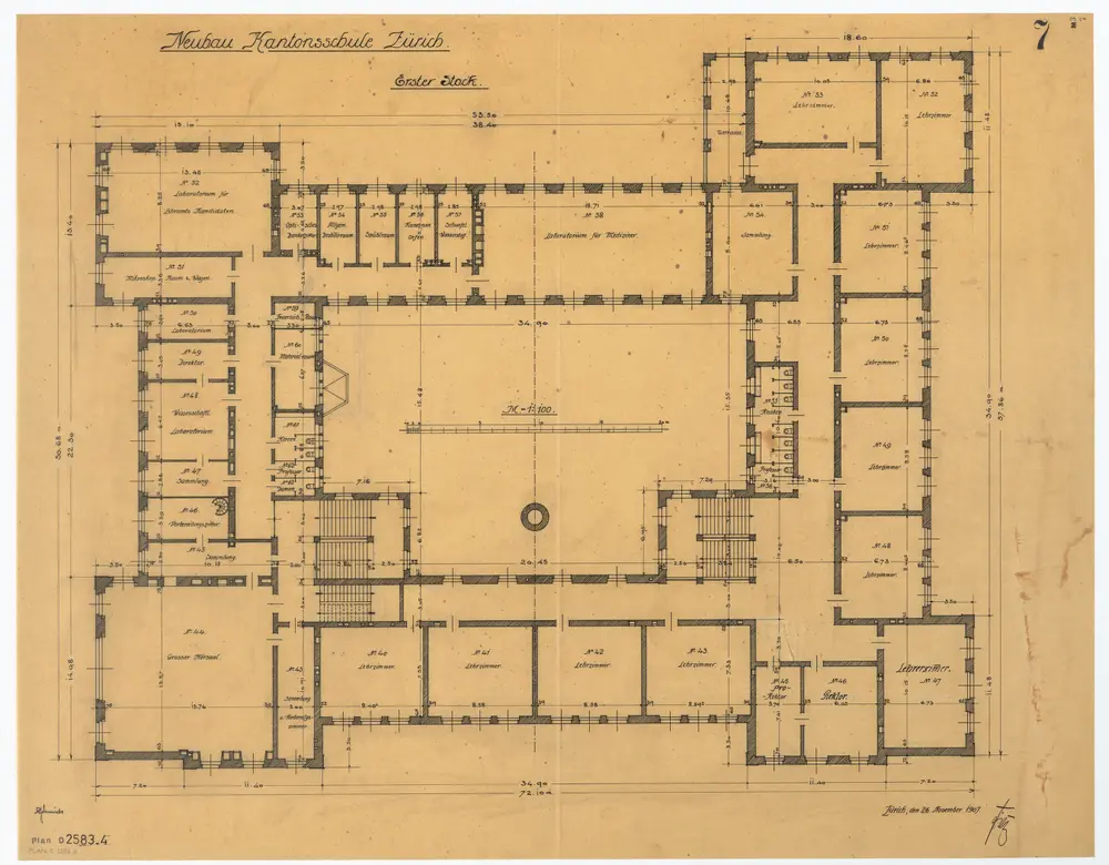 Universität Zürich (Chemisches Institut) und Kantonsschule Zürich, Neubau Rämistrasse 76: Grundrisse: 1. Stock; Grundriss