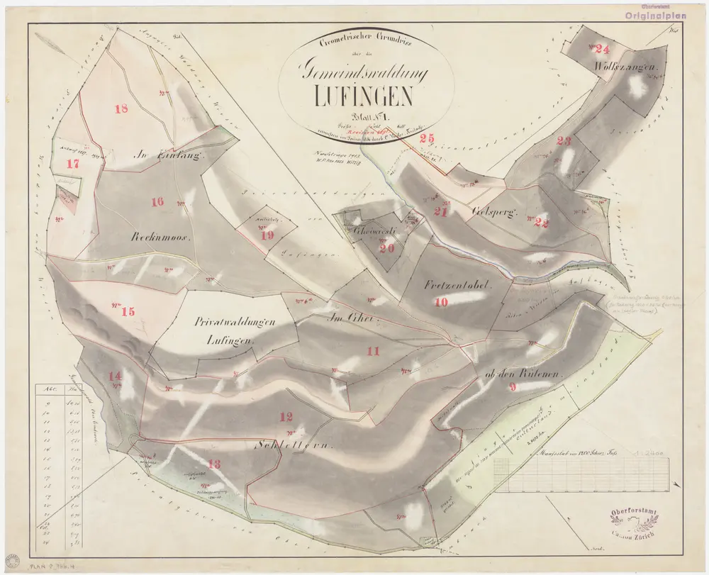 Lufingen: Gemeindewaldung: Ifang (Einfang), Reckenmoos, Schletteren (Schlettern), Ghei, Gheiwiesli, Fretzentobel, Gelsberg (Gelsperg), Ob den Rütenen, Wolfzangen (Wolfszangen); Grundriss (Blatt I)