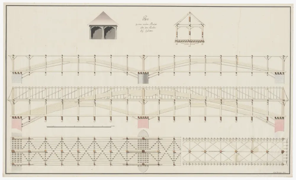 Eglisau: Projektierte Rheinbrücke, Holzkonstruktion; Grundriss, Längs- und Querschnitte