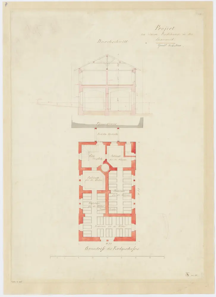 Unterstrass: Spanweid, projektiertes Badehaus, Erdgeschoss; Grundriss und Schnitt
