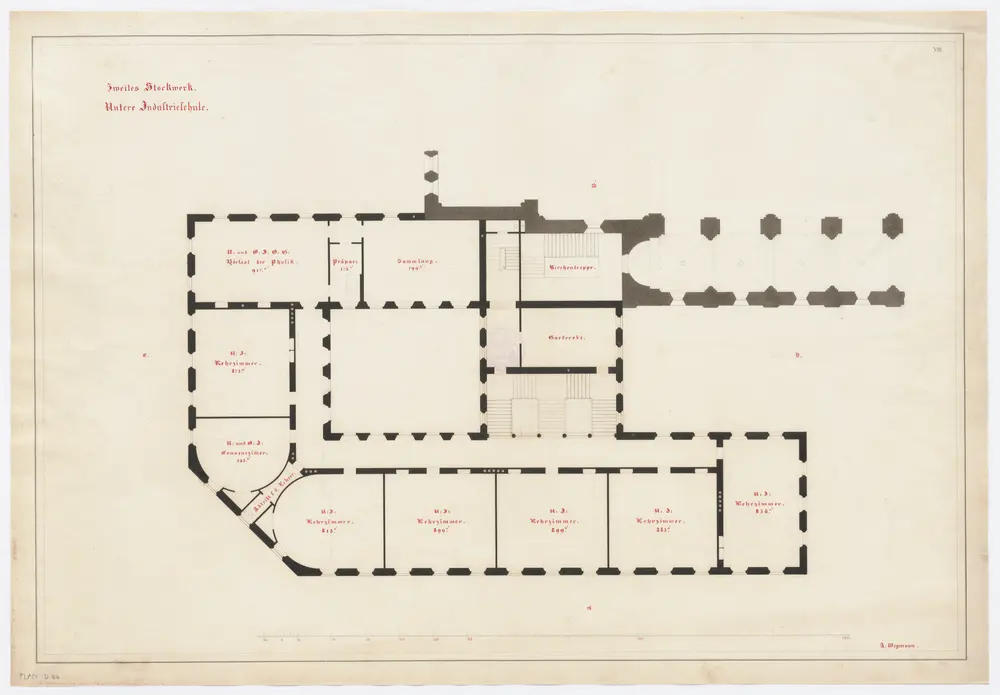 Projektierte Kantonsschule beim Grossmünster: 2. Stock (Untere Industrieschule); Grundriss (Nr. 8)