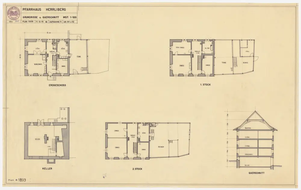 Herrliberg: Pfarrhaus; Grundrisse des Kellers, Erdgeschosses, 1. und 2. Stocks und Querschnitt