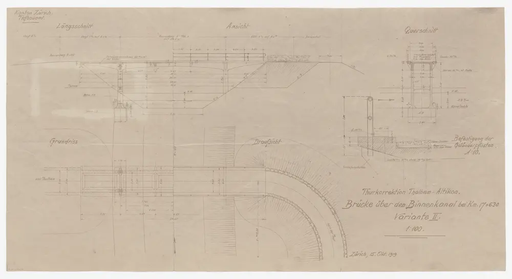 Thalheim an der Thur, Altikon: Brücke über den Binnenkanal, 2. Variante; Seitenansicht, Grundriss und Schnitte