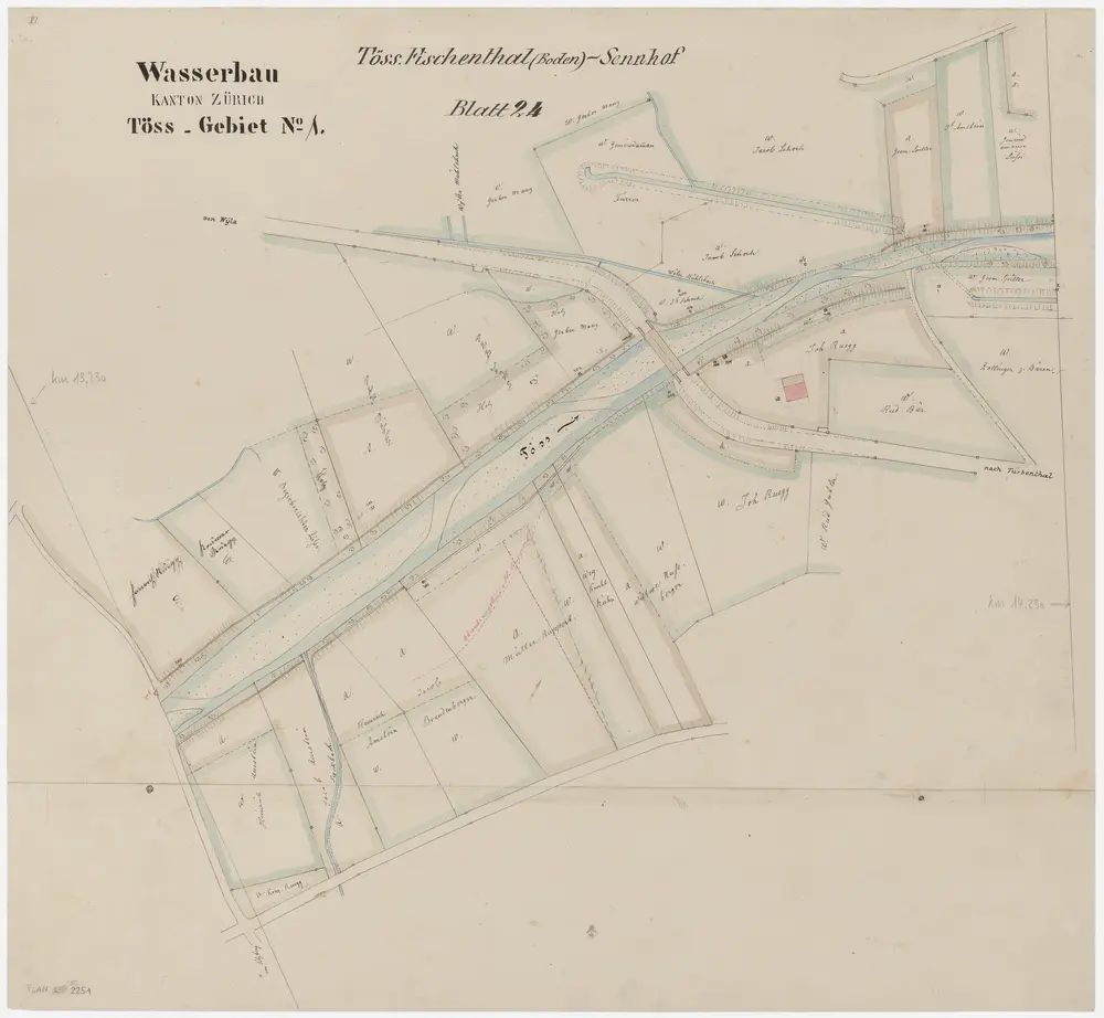 Wila, Turbenthal: Töss von unterhalb der hölzernen Brücke in Wila bis unterhalb der gedeckten Brücke unterhalb Wila; Situationsplan (Töss-Gebiet Nr. 1, Blatt 24)