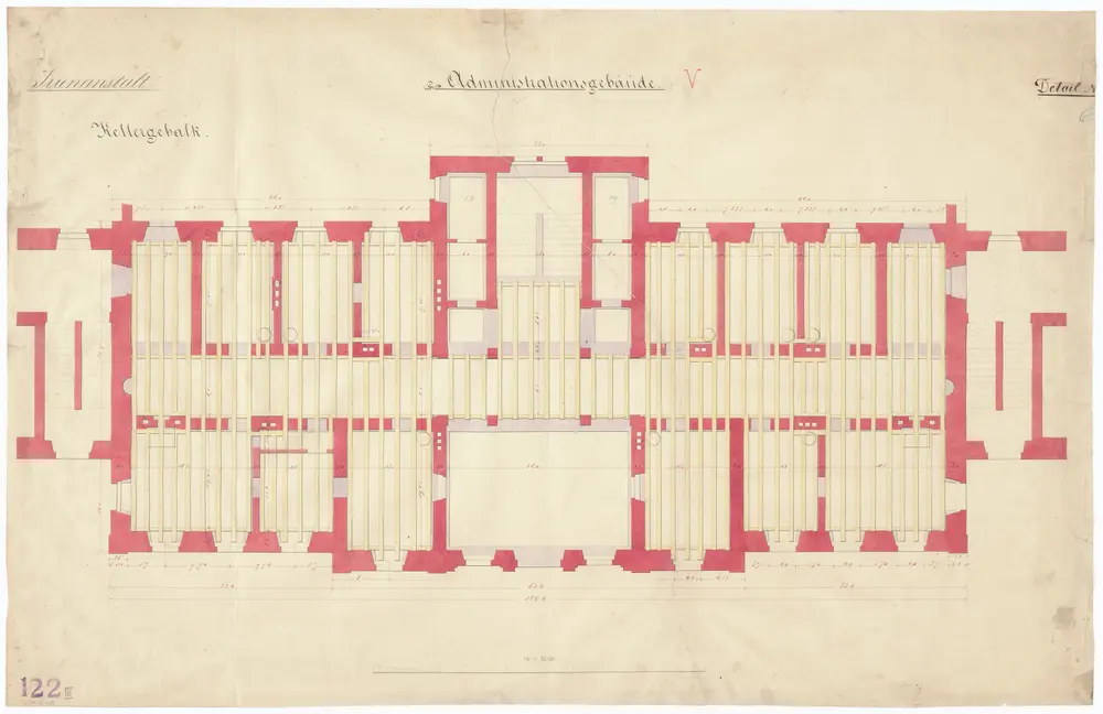 Irrenanstalt Burghölzli: Administrationsgebäude, Holzgebälk des Kellers; Grundriss