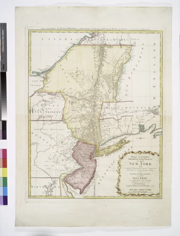 Mappa geographica Provinciae Novae Eboraci ab Anglis New-York dictae / ex ampliori delineatione ad exactas dimensiones concinnata in arctius spatium redacta cura Claudii Josephi Sauthier cui accedit Nova Jersey ex topographicis observationibus.