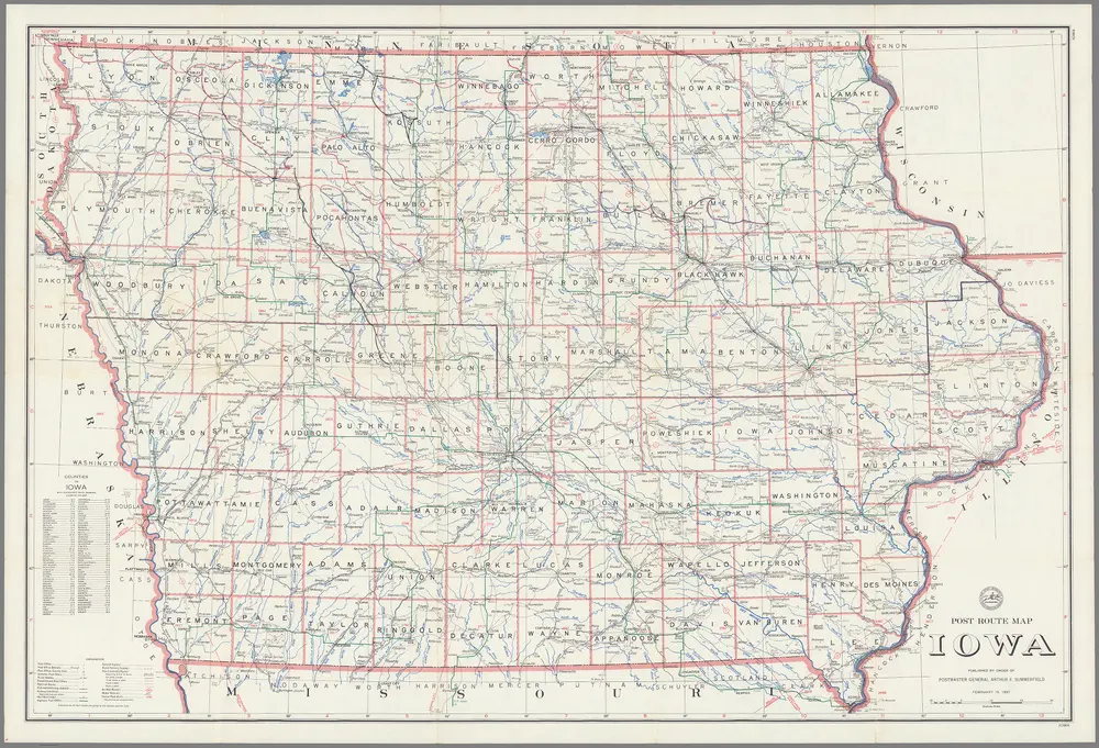 Post Route Map of the State of Iowa Showing Post Offices ... February 15, 1957.