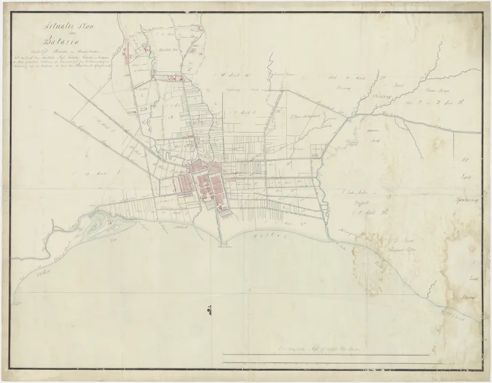 "Situatieplan van Batavia, desselfs stranden en ommelanden tot omstrent een Duitsche mijl beoosten, bewesten en bezuijden de stad gereekend, vertoonende voornamelijk den tezaamenhang en verdeeling van de wateren zowel der rivieren als gragten enz."