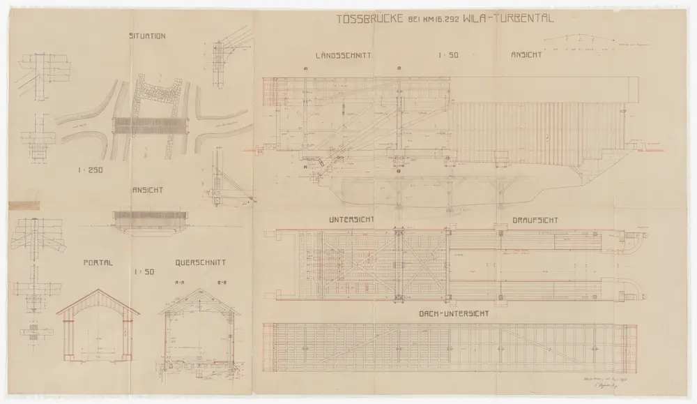 Wila: Gedeckte, hölzerne Brücke über die Töss; Situationsplan, Ansichten und Schnitte