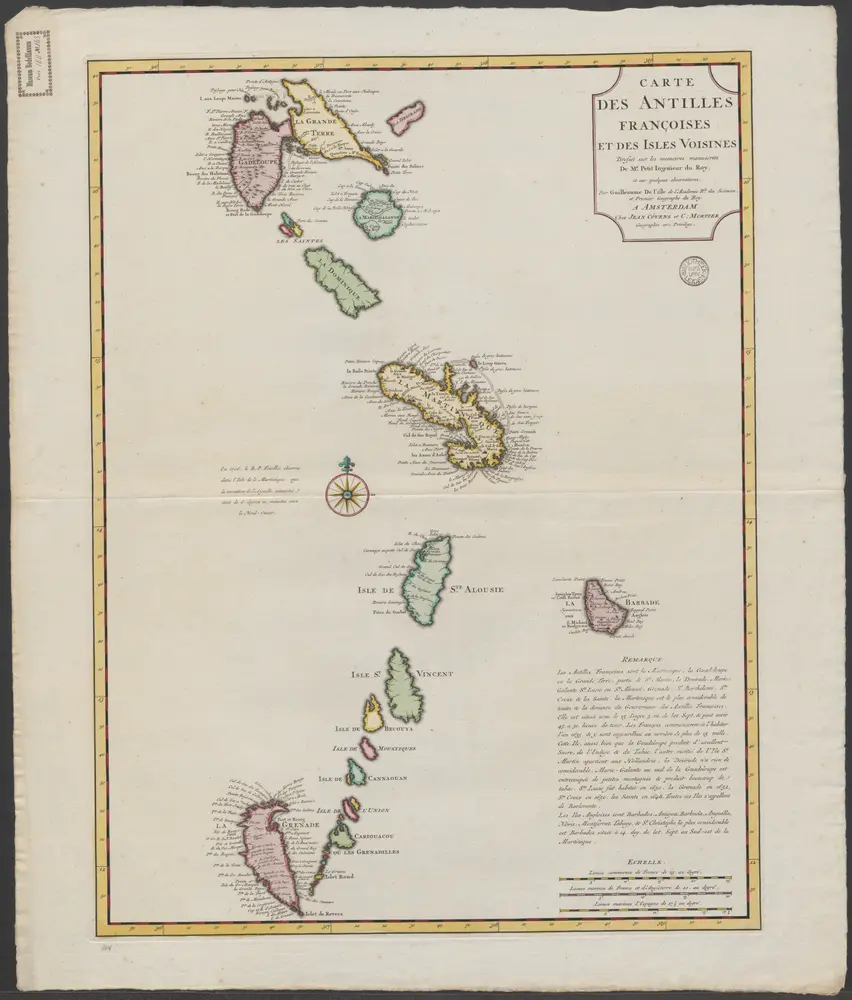 Carte des Antilles Françoises et des isles voisines : dressée sur des memoires manuscrits de Mr. Petit Ingenieur du Roy, et sur quelques observations / par Guillaume de L'Isle de l'Academie rle. des sciences, et Premier Géographe du Roy