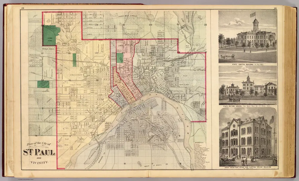 Plan of the City of St. Paul and vicinity with Capitol, Reform School and Post Office and Custom House.