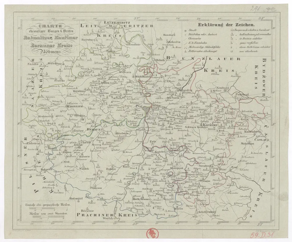 Charte ehemaliger Burgen & Vesten im Rakonitzer, Kauřimer und Berauner Kreise Böhmens