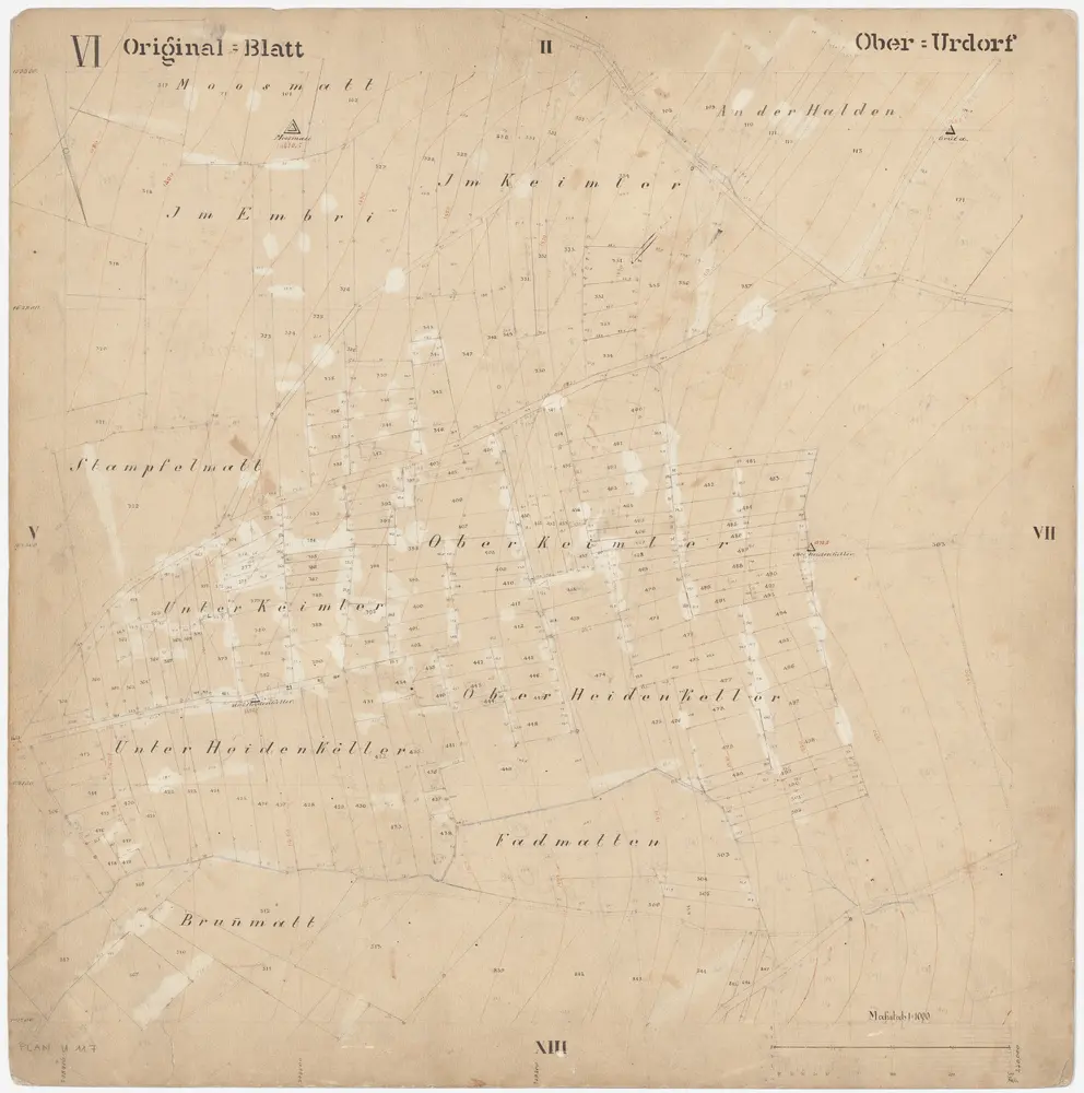 Oberurdorf: Gemeinde; Katasterpläne: Blatt VI: Moosmatt, Im Embri, Im Keimler, An der Halden, Stampfelmatt, Oberkeimler, Unterkeimler, Oberheidenkeller, Unterheidenkeller, Fadmatten, Brunnmatt; Situationsplan