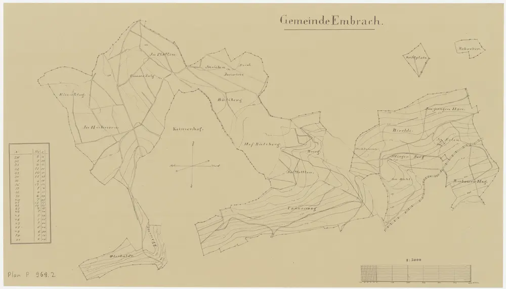 Embrach: Gemeindewaldungen: Oberhalde, Sternegg, Hüeneren (Hühnern), Ischlag (Einschlag), Ennerzelg (Ennere Zelg), Platten, Büliberg, Burg, Mettlen, Tannenweg, Hasel, Bühl, Stuelwisen (Stuhlwiesen), Chimenhof (Keimenhof), Birchli, Hau, Erlen, Illinger Berg, Rorbaserhag, Cholplatz (Kohlplatz), Rebacker; Grundrisse