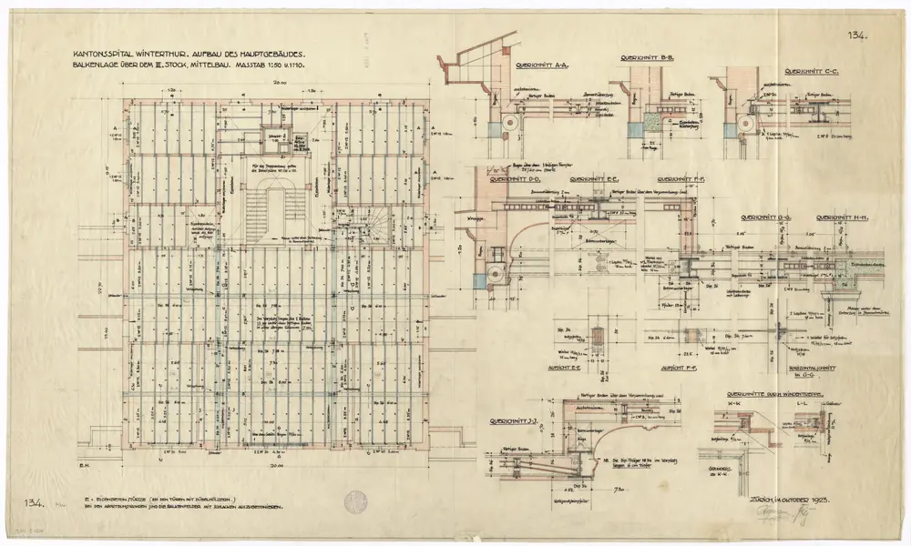 Winterthur: Kantonsspital, Hauptgebäude, Aufbau, Balkenlage über dem 3. Stock des Mittelbaus; Ansichten und Querschnitte (Nr. 134)