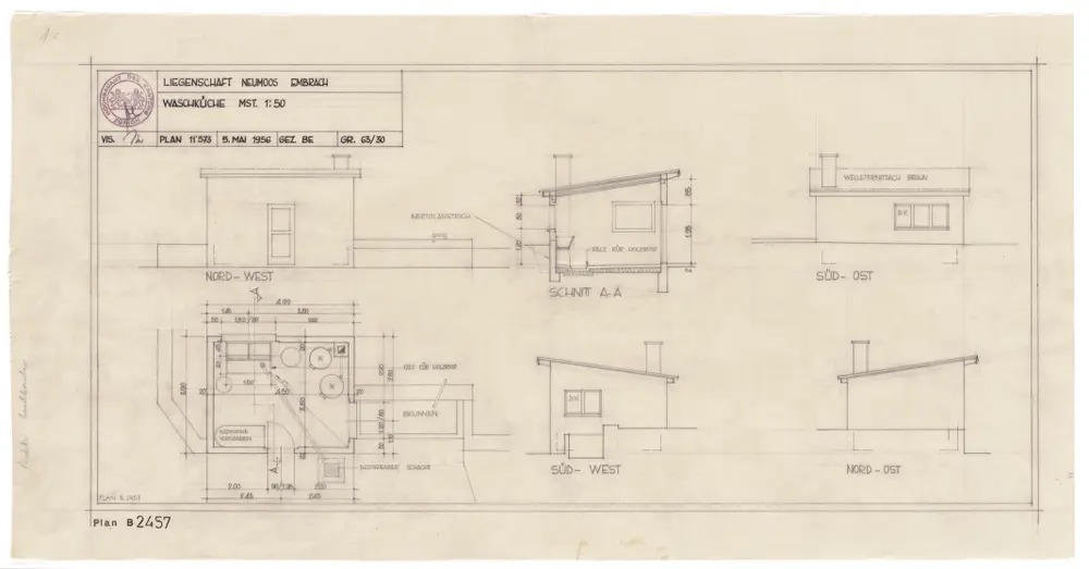 Embrach: Liegenschaft Neumoos, Waschküche; Ansichten, Grundriss und Schnitt
