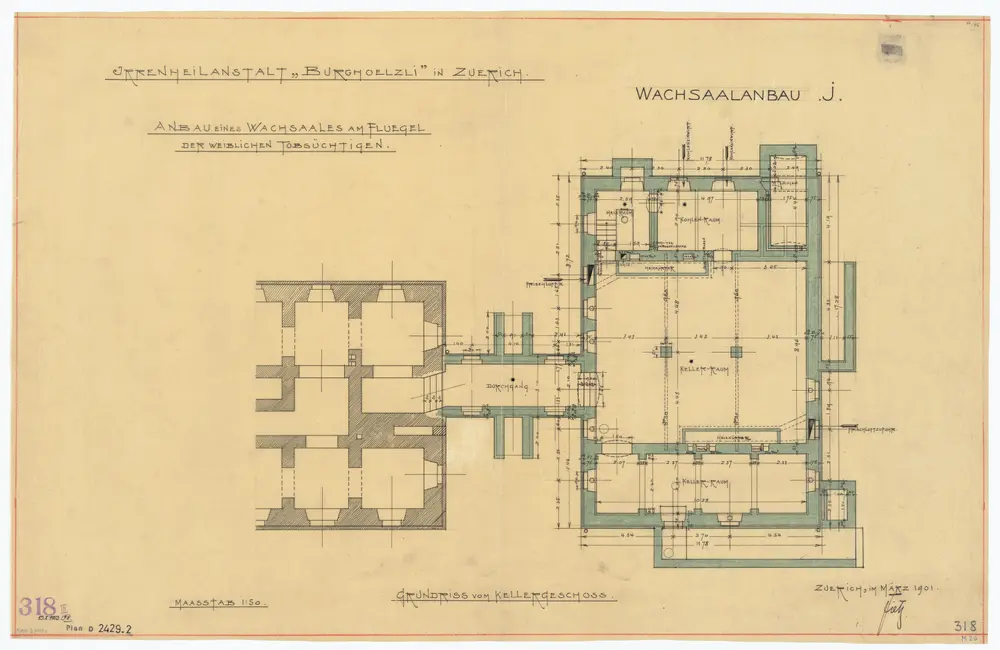 Irrenheilanstalt Burghölzli: Frauenabteilung, weibliche Tobsüchtige, Wachsaalanbau; Grundrisse: Keller; Grundriss