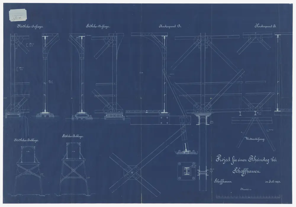 Schaffhausen: Projektierter Steg über den Rhein, Details; Ansichten und Schnitte