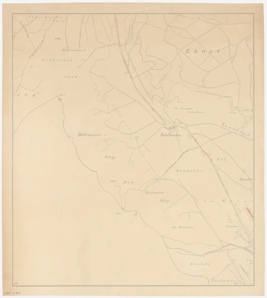 Winterthur: Gemeinde; Kanalisation: Blatt 13: Gegend bei Grosshaldenbuck, Gelbrisirain (Gelbrieserain), Ebnet, Dättnau, Dättnauerberg, Nübruch (Neubruch), Hündler und Lüchentalholz; Übersichtsplan