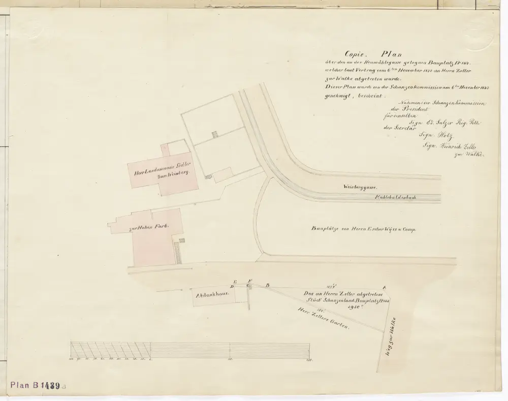 Unterstrass: Land von Herrn Zeller zur Walke an der Neumühlegasse: Am 06.11.1843 von der Schanzenkommission an Herrn Zeller zur Walke verkauftes Land an der Neumühlegasse mit Bauplatz; Grundriss