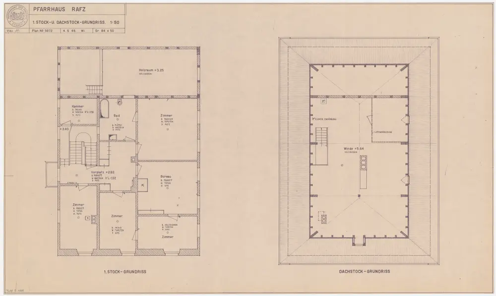 Rafz: Pfarrhaus, 1. Stock und Dachgeschoss; Grundrisse