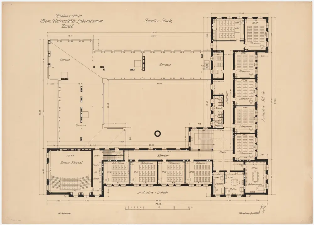 Zürich: Kantonsschule und Chemisches Institut der Universität; Projektausführung; 2. Obergeschoss; Grundriss