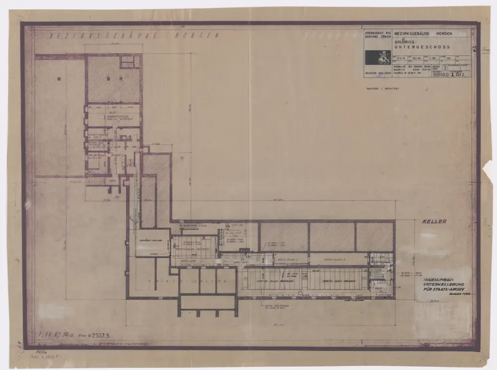 Horgen: Bezirksgebäude: Untergeschoss mit Rollregalanlage des Staatsarchivs; Grundriss