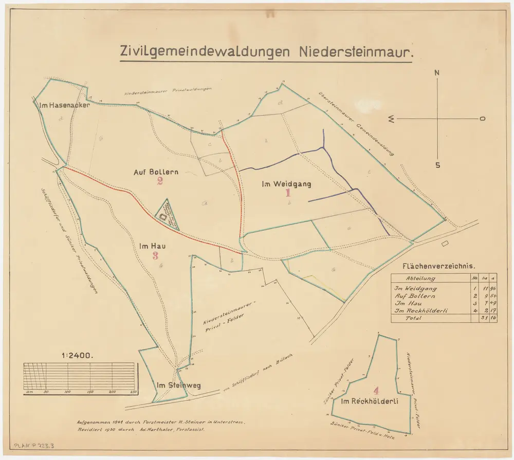 Steinmaur: Gemeinde- und Genossenschaftswaldungen: Niedersteinmaurer Zivilgemeindewaldungen Bolleren (Bollern), Hasenacher (Hasenacker), Weidgang, Hau, Steinweg, Räckhölderli (Reckhölderli); Grundrisse