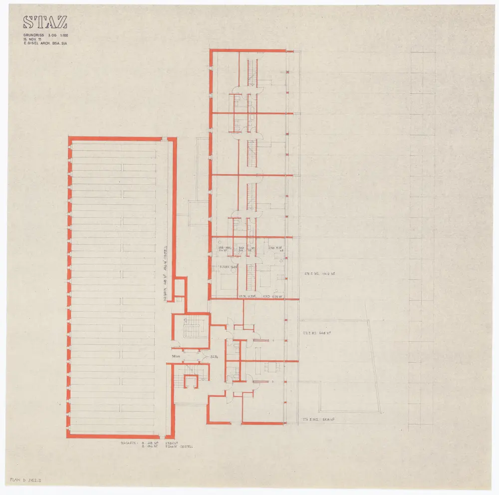 Staatsarchiv des Kantons Zürich, projektierter Neubau zwischen Zeltweg, Wettingerwies und Promenadengasse: Grundrisse und Schnitte: 3. Obergeschoss; Grundriss