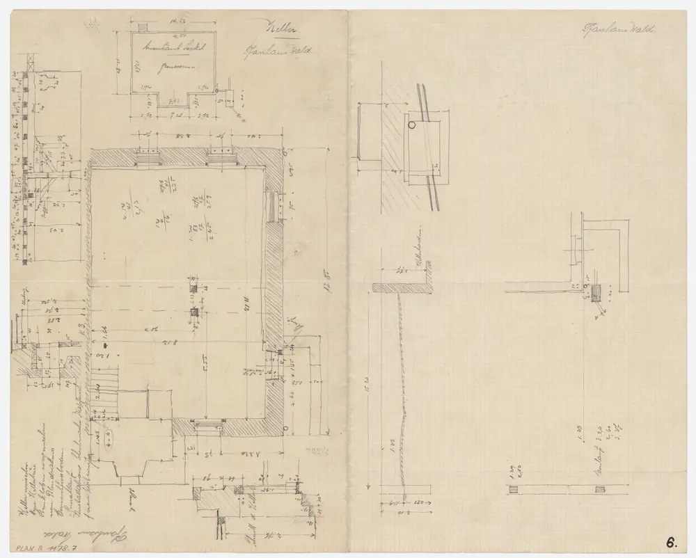 Wald: Pfarrhaus (Nr. 24): Wald: Pfarrhaus, Keller; Grundriss und Querschnitte der Wand mit Wasserleitung (Nr. 6)
