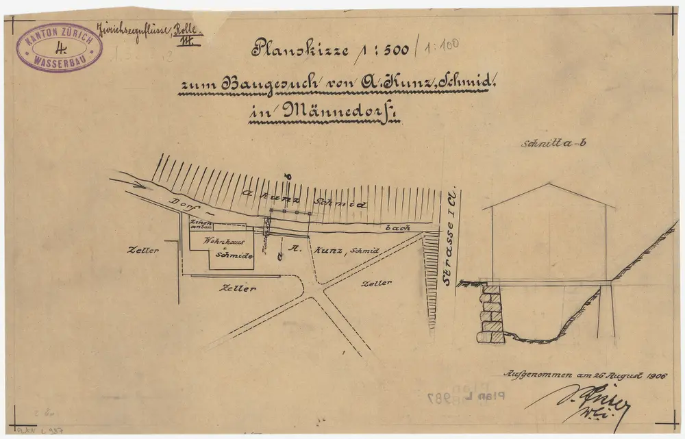Männedorf: Am Dorfbach, projektierter Bau von A. Kunz, Schmied; Situationsplan und Schnitt