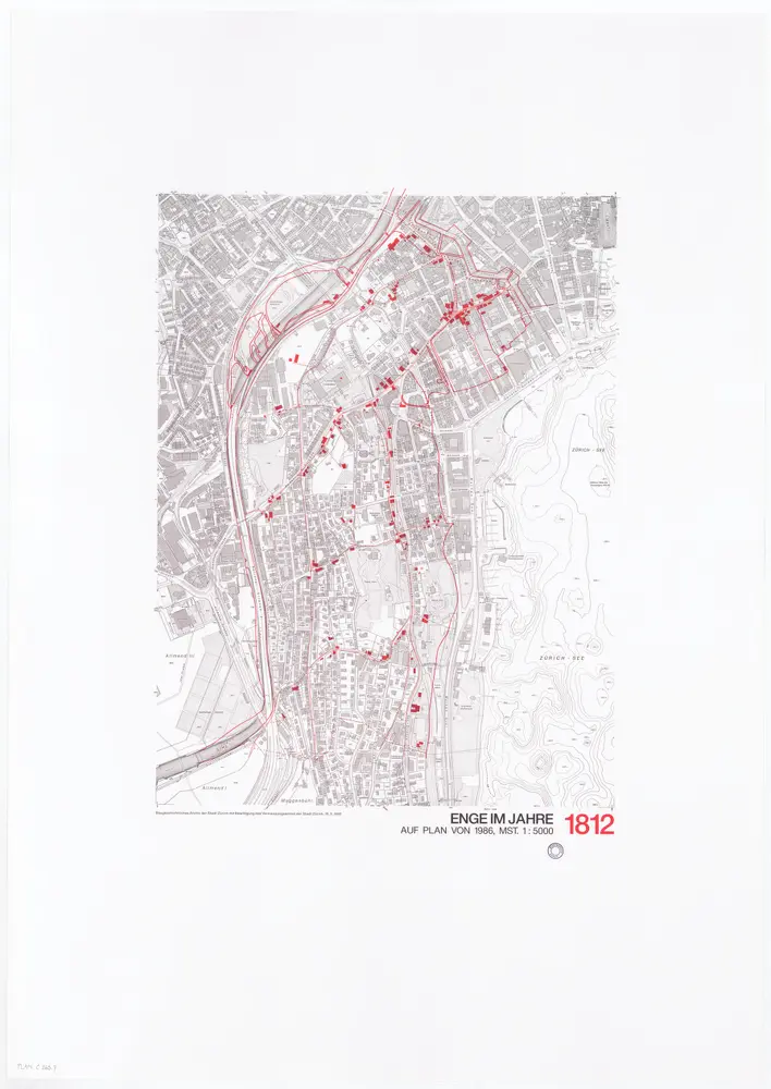 Historische Bauzustände der Zürcher Aussenquartiere in 48 Blättern: Enge im Jahre 1812 auf einem Plan von 1986; Übersichtsplan