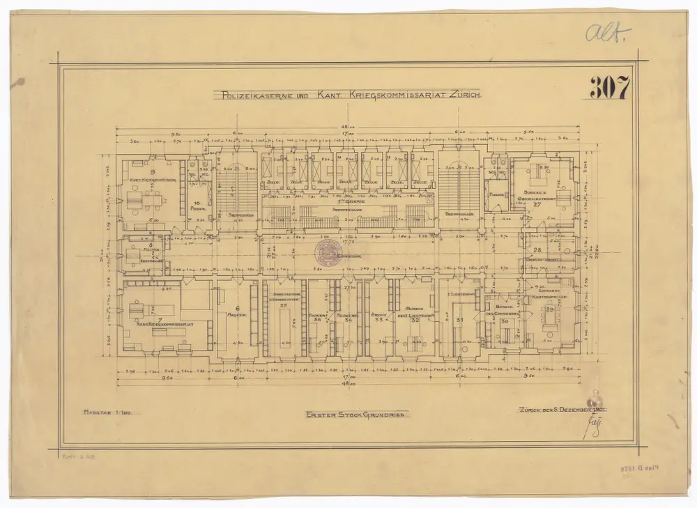 Polizeikaserne und kantonales Kriegskommissariat: 1. Stock; Grundriss