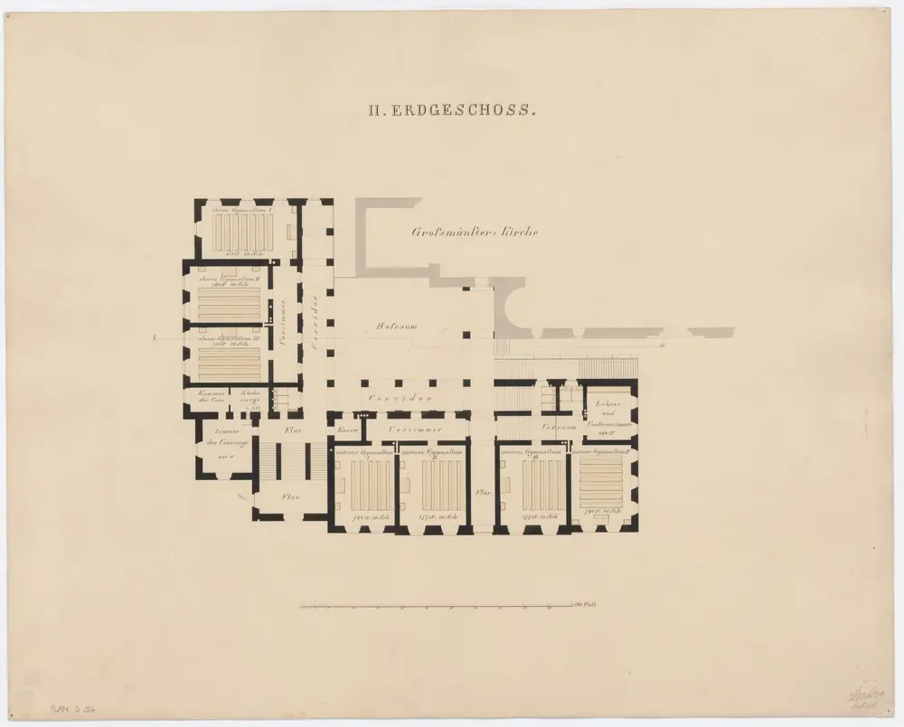 Projektierte Kantonsschule beim Grossmünster: 2. Erdgeschoss (Oberes und Unteres Gymnasium); Grundriss