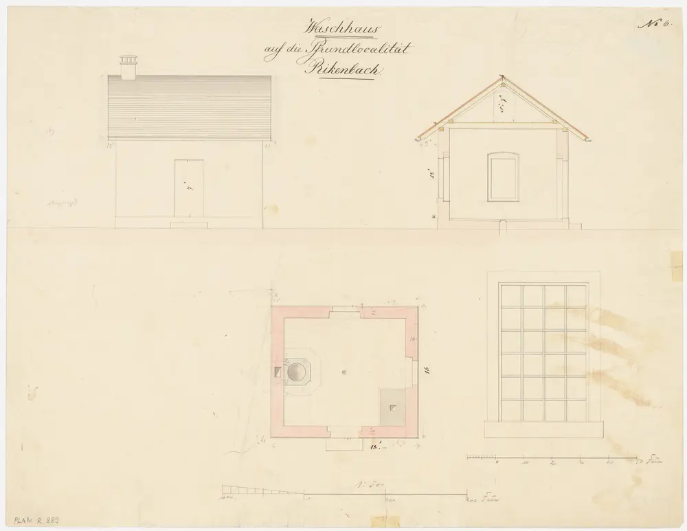 Rickenbach: Waschhaus; Grundriss, Ansicht und Querschnitt sowie Detailansicht des Fensters (Nr. 6)