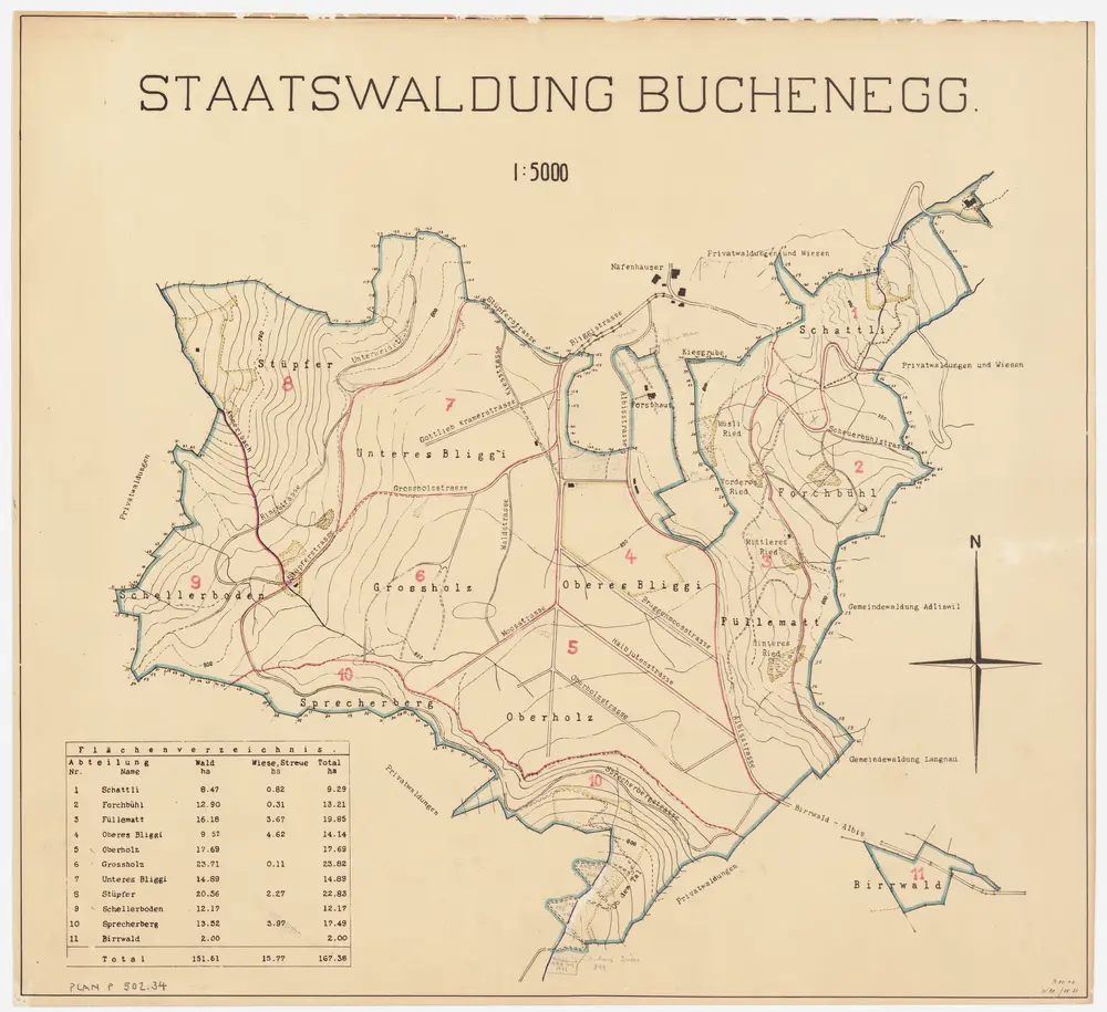 Stallikon, Adliswil, Aeugst am Albis, Langnau am Albis: Staatswaldung Buechenegg: Adliswil, Stallikon, Aeugst am Albis, Langnau am Albis: Buechenegg; Übersichtsplan