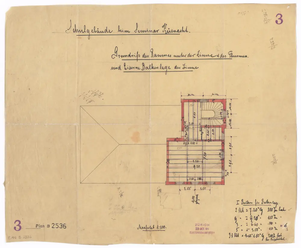 Küsnacht: Seminar, Musikgebäude, Raum unter der Zinne des Turmes; Grundriss und Eisenbalkenlage