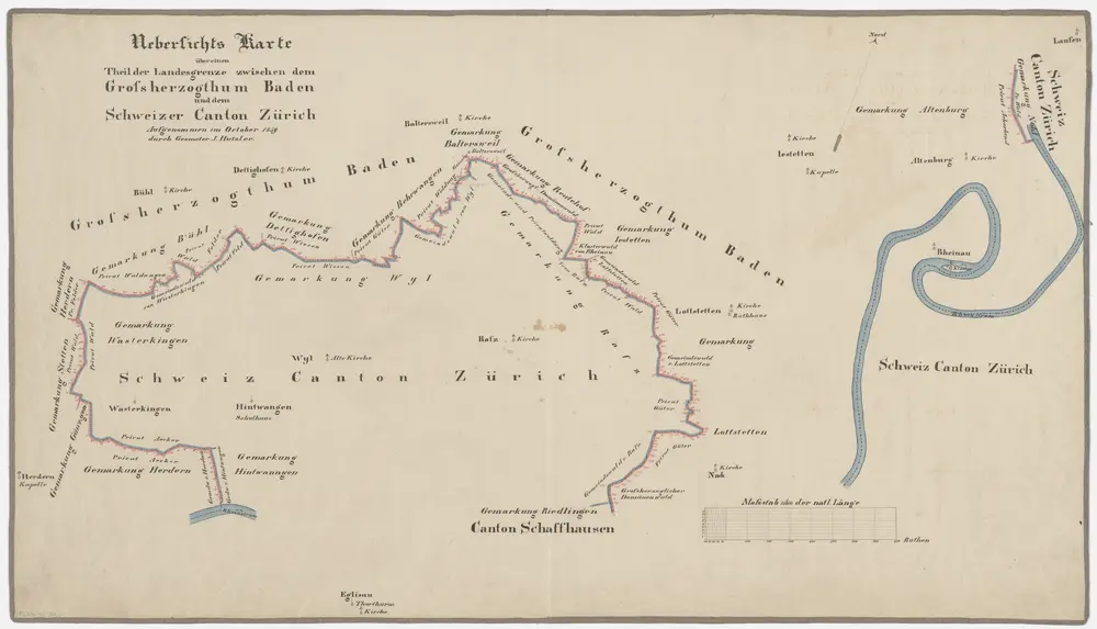 Grenze zwischen dem Kanton Zürich und dem Grossherzogtum Baden zwischen Hüntwangen und Rafz und bei Nohl; Übersichtsplan