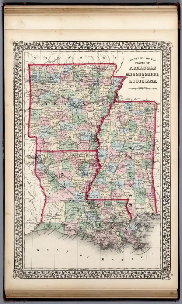 County map of the States of Arkansas, Mississippi and Louisiana