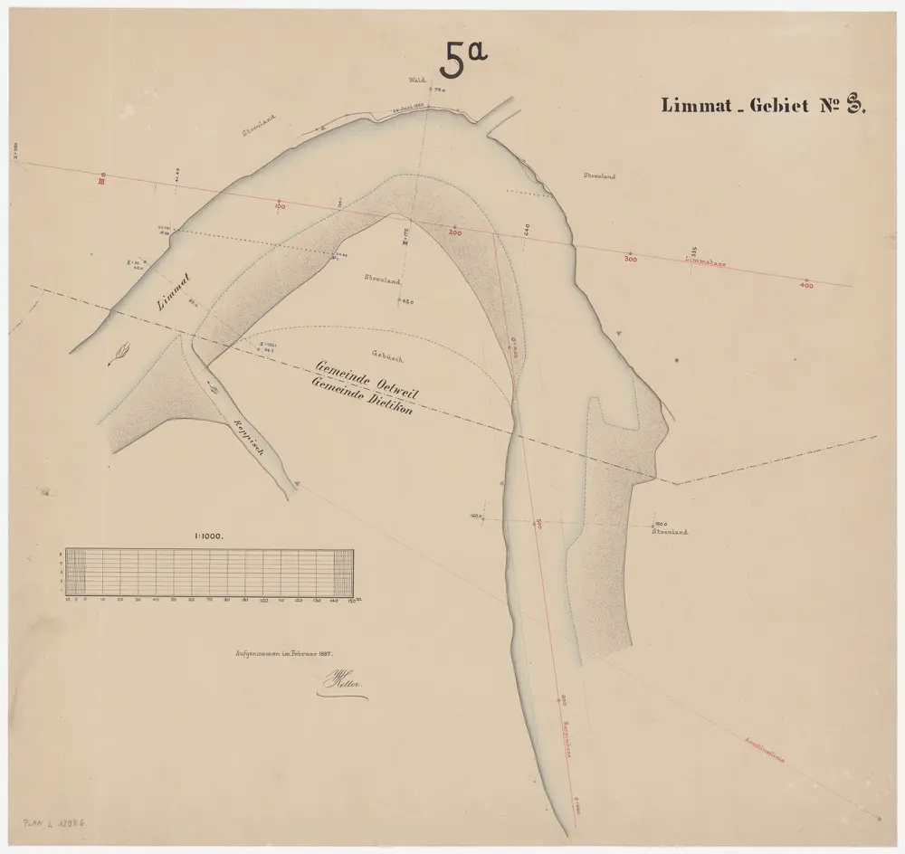 Schlieren bis Würenlos AG: Limmat von oberhalb der Grenze zwischen Schlieren und Dietikon bis zur linksufrigen Grenze zwischen den Kantonen Zürich und Aargau: Blatt 5 a: Dietikon und Oetwil an der Limmat: Bei der Einmündung der Reppisch; Situationsplan (Limmat-Gebiet Nr. 3)