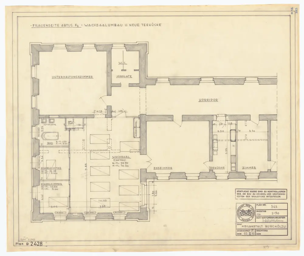 Heilanstalt Burghölzli: Frauenabteilung, Abteilung F 2, Wachsaalumbau und neue Teeküche; Grundriss