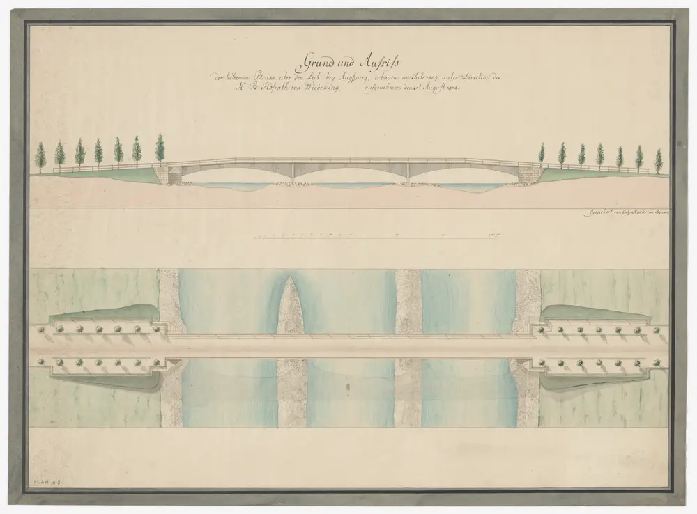 Augsburg (Deutschland): 1807 erbaute Lechbrücke bei Lechhausen; Grundriss und Aufriss