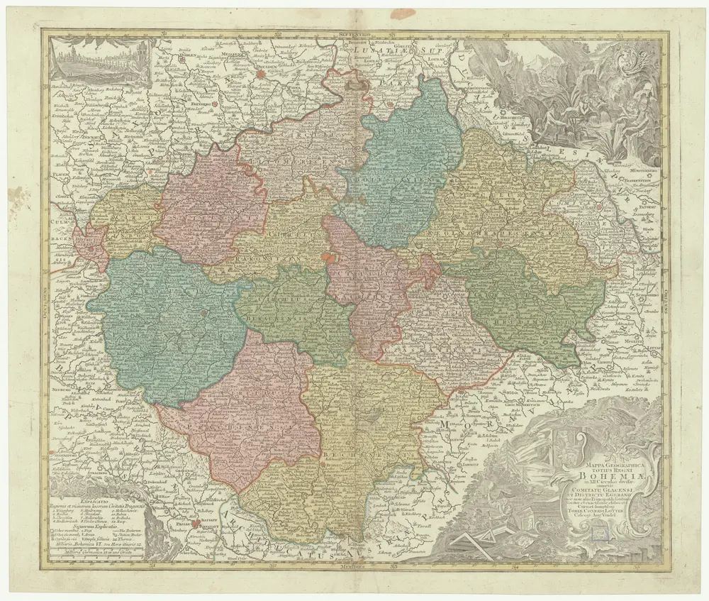 Mappa Geographica Totius Regni Bohemiae in XII. Circulos divisae, annexis Comitatu Glacensi et Districtu Egerano nec non aliis Principatib. finitimis