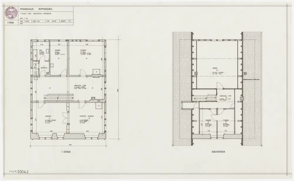 Rifferswil: Pfarrhaus: 1. Stock und Dachgeschoss; Grundrisse