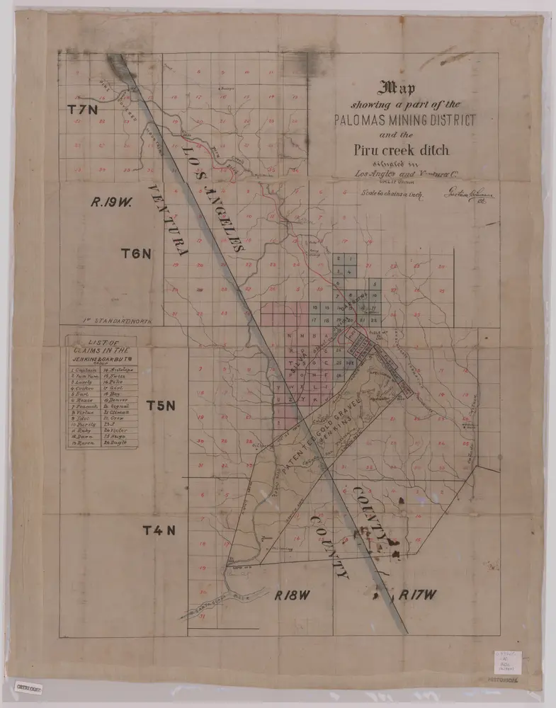 Map showing a part of the Palomas Mining District and the Piru creek ditch, situated in Los Angles [sic] and Ventura Cs. California