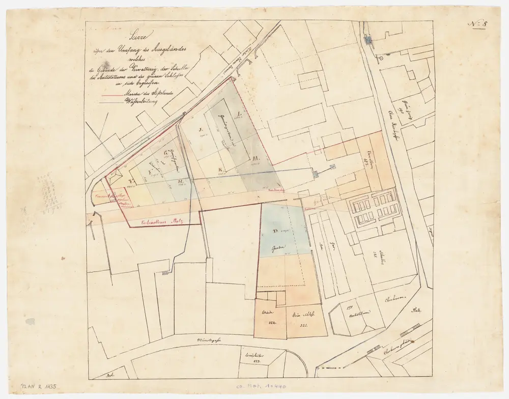 Zürich: Verwaltungsgebäude des Grossmünsterstifts, Schule, Antistitium, grünes Schloss und Umgebung mit Wasserleitungen und Brunnen; Grundriss (Nr. 8)