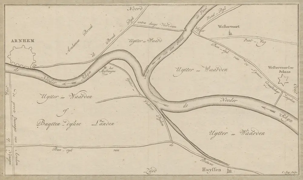 [Map of the bifurcation of the Lower Rhine and IJssel near Westervoort]